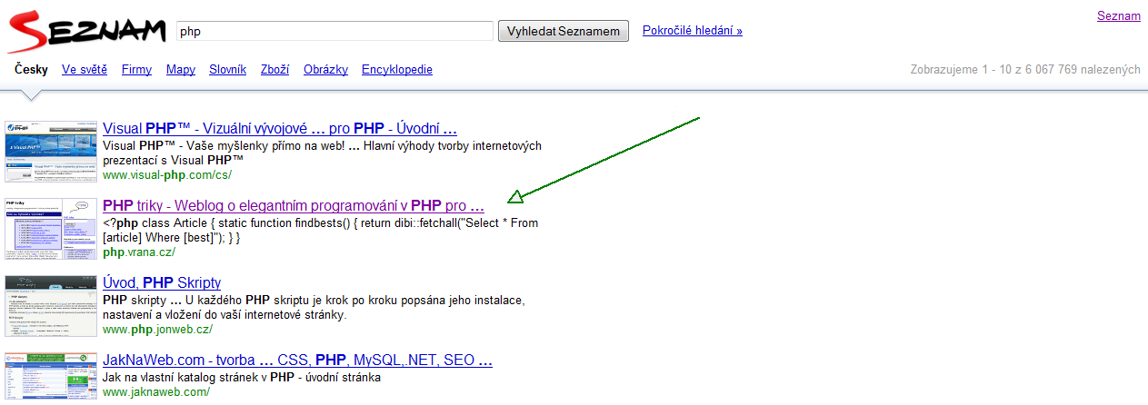 Search results of PHP on Seznam.cz